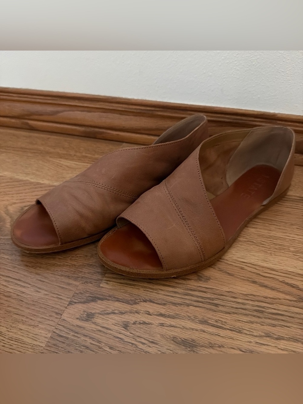 1. State Women's Open-Toe Slip-On Flats in Cognac Brown